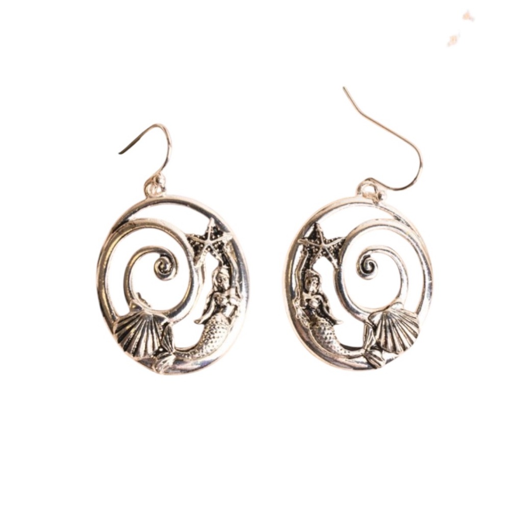 Silvertone mermaid and starfish  Spiral Hoop Earrings